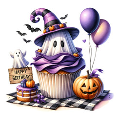 Watercolor Cupcake Halloween happy Birthday clipart And Digital Download