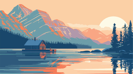 Maligne Lake and Boathouse at Sunset Jasper National - obrazy, fototapety, plakaty