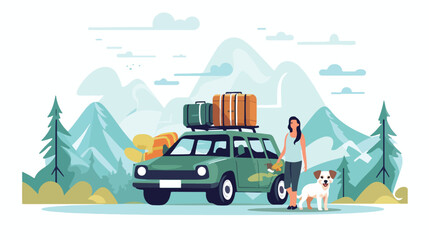 Fototapeta na wymiar Man and Woman Traveling by Car with Luggage Trunks on