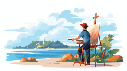 Man painting at easel on remote ocean island flat vec