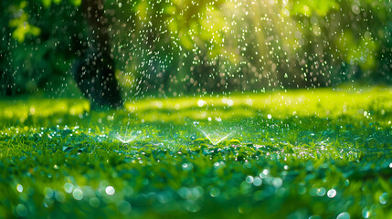 sprinkler spraying water on green grass in the garden