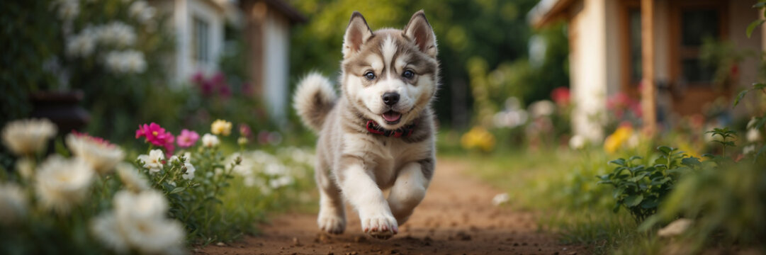 Adorable cachorro de la raza Husky Siberiano corriendo feliz por un hermoso prado lleno de flores