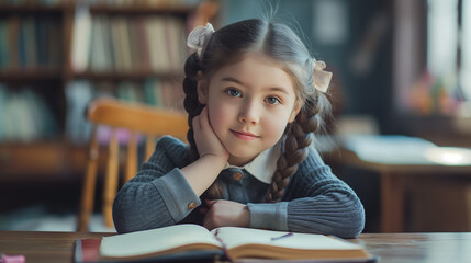  A young girl with a book in front of her, studying. High achiever. Young girl studying. Bright eyed.