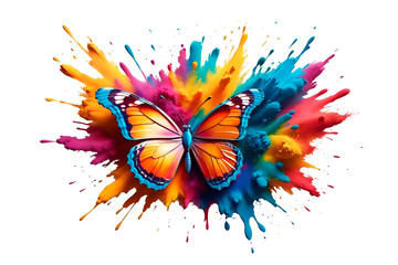 Multicolor powder paint explosion splashing onto a butterfly isolated on transparent background with splash. Butterfly shaped dust explosion. holi paint Colorful powder paint explosion concept - obrazy, fototapety, plakaty