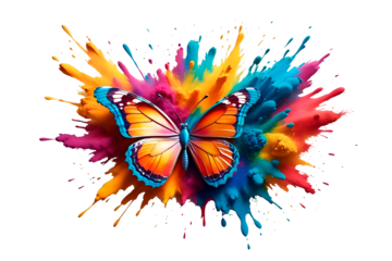 Multicolor powder paint explosion splashing onto a butterfly isolated on transparent background with splash. Butterfly shaped dust explosion. holi paint Colorful powder paint explosion concept