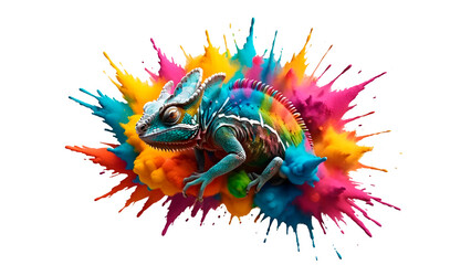 Multicolor powder paint explosion splashing onto a chameleon isolated on transparent background with splash. Chameleon-shaped dust explosion. Colorful powder paint explosion concept with animals.