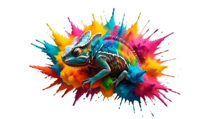 Multicolor powder paint explosion splashing onto a chameleon isolated on transparent background with splash. Chameleon-shaped dust explosion. Colorful powder paint explosion concept with animals.