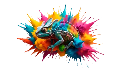  Multicolor powder paint explosion splashing onto a chameleon isolated on transparent background with splash. Chameleon-shaped dust explosion. Colorful powder paint explosion concept with animals. © Pixel_Studio_8