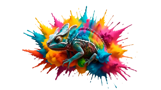 Multicolor powder paint explosion splashing onto a chameleon isolated on transparent background with splash. Chameleon-shaped dust explosion. Colorful powder paint explosion concept with animals.