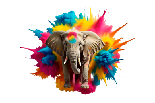 Multicolor powder paint explosion splashing a elephant isolated on transparent background with splash. Parrot shaped dust explosion. holi painting Colorful powder paint explosion concept with animals.