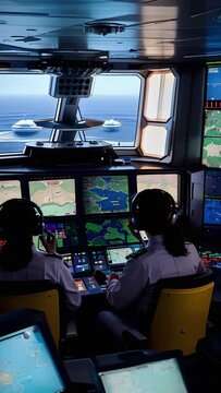 female captains in the cockpit of a modern ship, vertical video