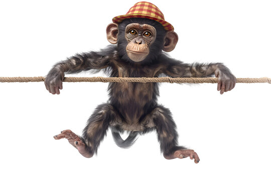 A 3D animated cartoon render of a playful monkey bouncing on a spring stick.