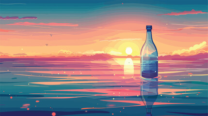 Message in a Bottle at Sunset flat vector isolated on - obrazy, fototapety, plakaty