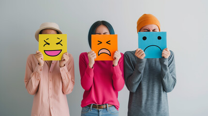 People holding up emoticon cardboard cutouts of smiles, frowns and sad faces. Customer feedback. Staff survey. Happiness. Moods. Sadness. Frustration.
