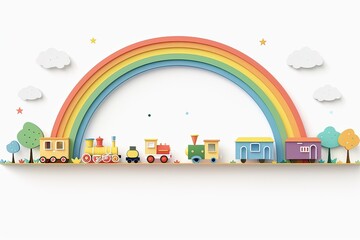 Happy Children's Day greeting card, with a train and rainbow in the background. Generative AI.Happy Children's Day greeting card, with a train and rainbow in the background. Generative AI.
