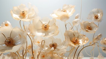 Delicate Blooming Cosmos Flowers in Soft White Hues Against a Minimalist Background