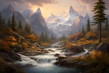 A cascade of crystalline water descending from lofty peaks, painting a picturesque scene of nature's grandeur - obrazy, fototapety, plakaty