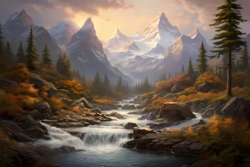 Gordijnen A cascade of crystalline water descending from lofty peaks, painting a picturesque scene of nature's grandeur © Nature
