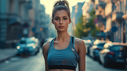  A woman in active wear stands on the sidewalk of a city street. Health and fitness. Lifestyle influencer.