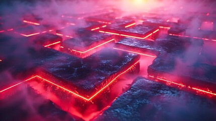 Labyrinthine maze of neon lights leading destination