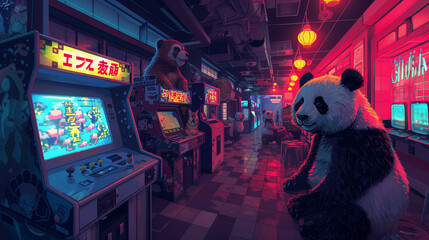 panda and futuristic arcade center
