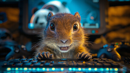 Curious Critter: Red Squirrel Explores a Computer Keyboard