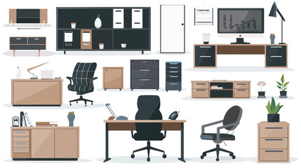 Modern Office Furniture Set flat vector isolated on white