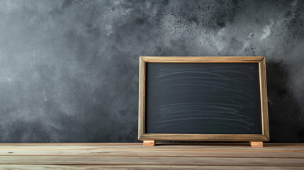  A chalkboard frame sitting on top of a wooden table. Blank chalkboard, write your own text.