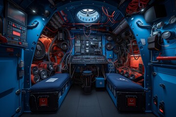 Complex interior of a submarine control room, bathed in blue and red hues, displaying an array of intricate instrumentation. Submerged vessel's command center, enveloped in vibrant colors,