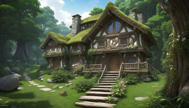 Fantasy World of Wood and Stone House colorful background