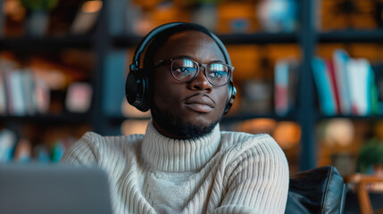  A man sitting in front of a laptop,listening to music. Sitting in a library. Studying. White turtleneck. Pensive expression