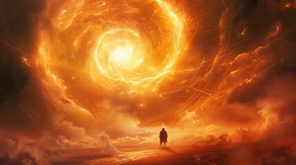 Lone explorer facing a time portal, cosmos swirling, sci-fi concept for futuristic novels cover. - obrazy, fototapety, plakaty