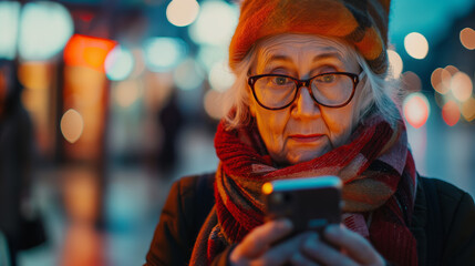  An old woman holding a cell phone. Senior citizen using technology. Winter clothes. Social media addiction. 
