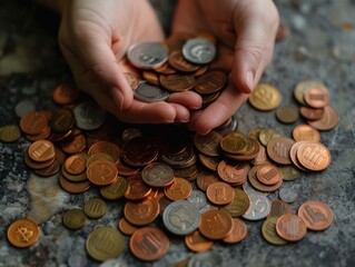 Overhead view of hands counting coins, a concept of personal finance management.