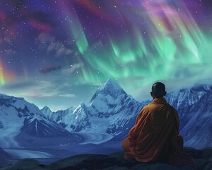 Serene monk meditating in Himalayas, vibrant aurora overhead, for spiritual enlightenment guides.
