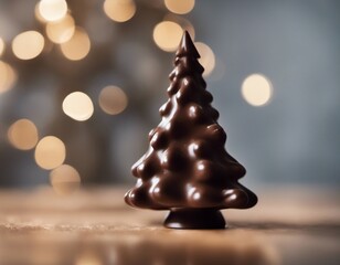 Chocolate-covered Christmas tree on a table with background lights
