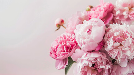  Pink flowers in a bouquet against a white wall.