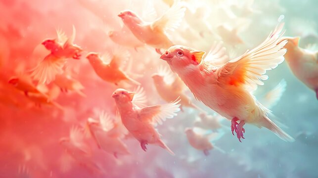 Swarm of flying pigs soaring across a rainbow-colored sky