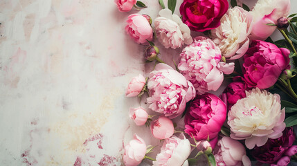 Pink flowers in a bouquet against a white marble background