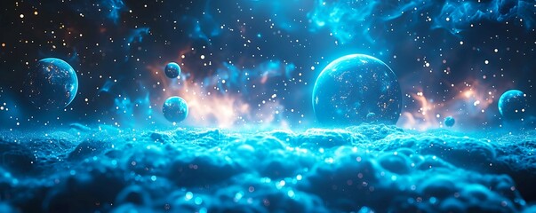 Abstract blue orbs floating in a celestial space, surrounded by sparkling stars. - obrazy, fototapety, plakaty
