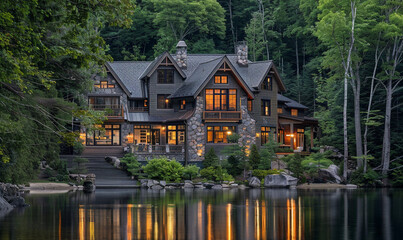 Obraz premium Luxury and modern house in the middle of forest next to lake.