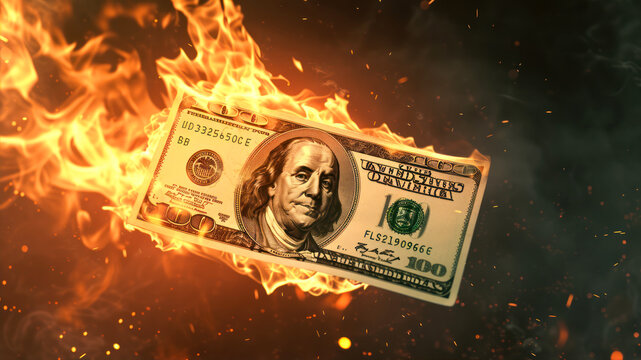 Burning dollar banknote on fire with smoke and fire background.