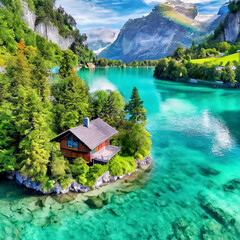 Fototapeta premium 푸른 강과 푸른 언덕 그리고 집 하나