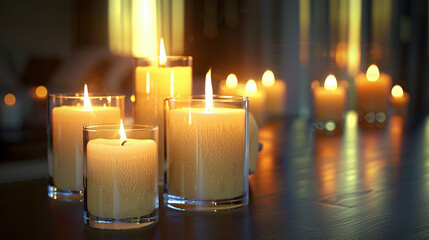 Aromatherapy Candles Emitting Soft Glow in Dimly Lit Room - obrazy, fototapety, plakaty