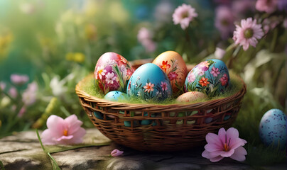 Fototapeta premium Easter eggs decorated with patterns, in a basket made of vines, on the background of nature and flowers