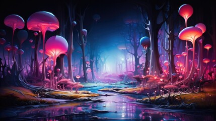 Captivating Neon Abstract Dreamscape with Enchanted Glowing Mushroom Forest and Tranquil Reflecting Pond - obrazy, fototapety, plakaty