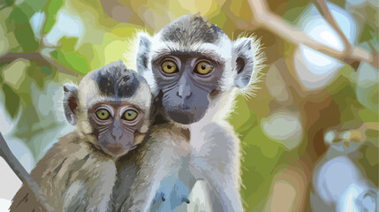 Pair of vervet monkeys with a nursing infant looking - obrazy, fototapety, plakaty