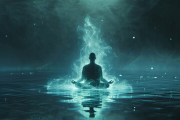Man meditating in lotus pose on dark background with smoke and fog
