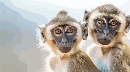 Pair of vervet monkeys with a nursing infant looking - obrazy, fototapety, plakaty