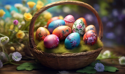 Fototapeta na wymiar Easter eggs decorated with patterns, in a basket made of vines, on the background of nature and flowers